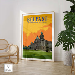 Belfast print featuring a vintage-style illustration of Northern Ireland's architecture, perfect for stylish home decor.