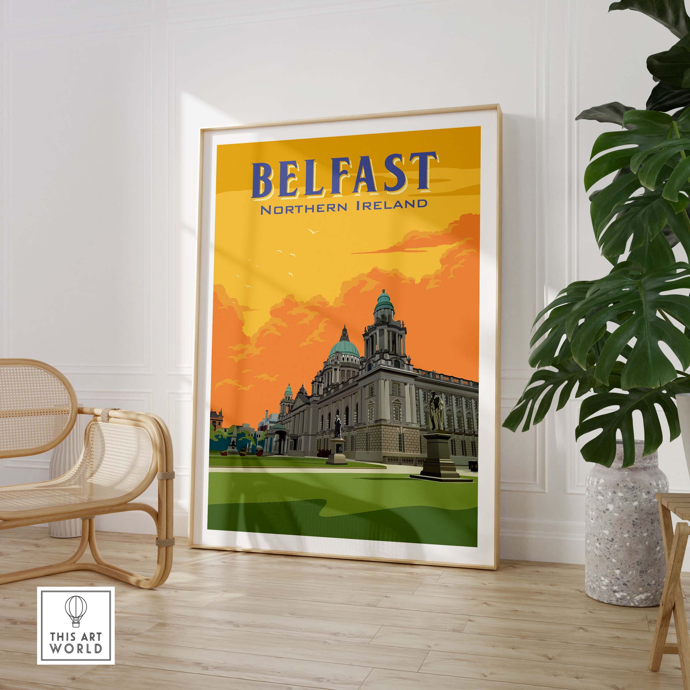 Belfast print featuring a vintage-style illustration of Northern Ireland's architecture, perfect for stylish home decor.
