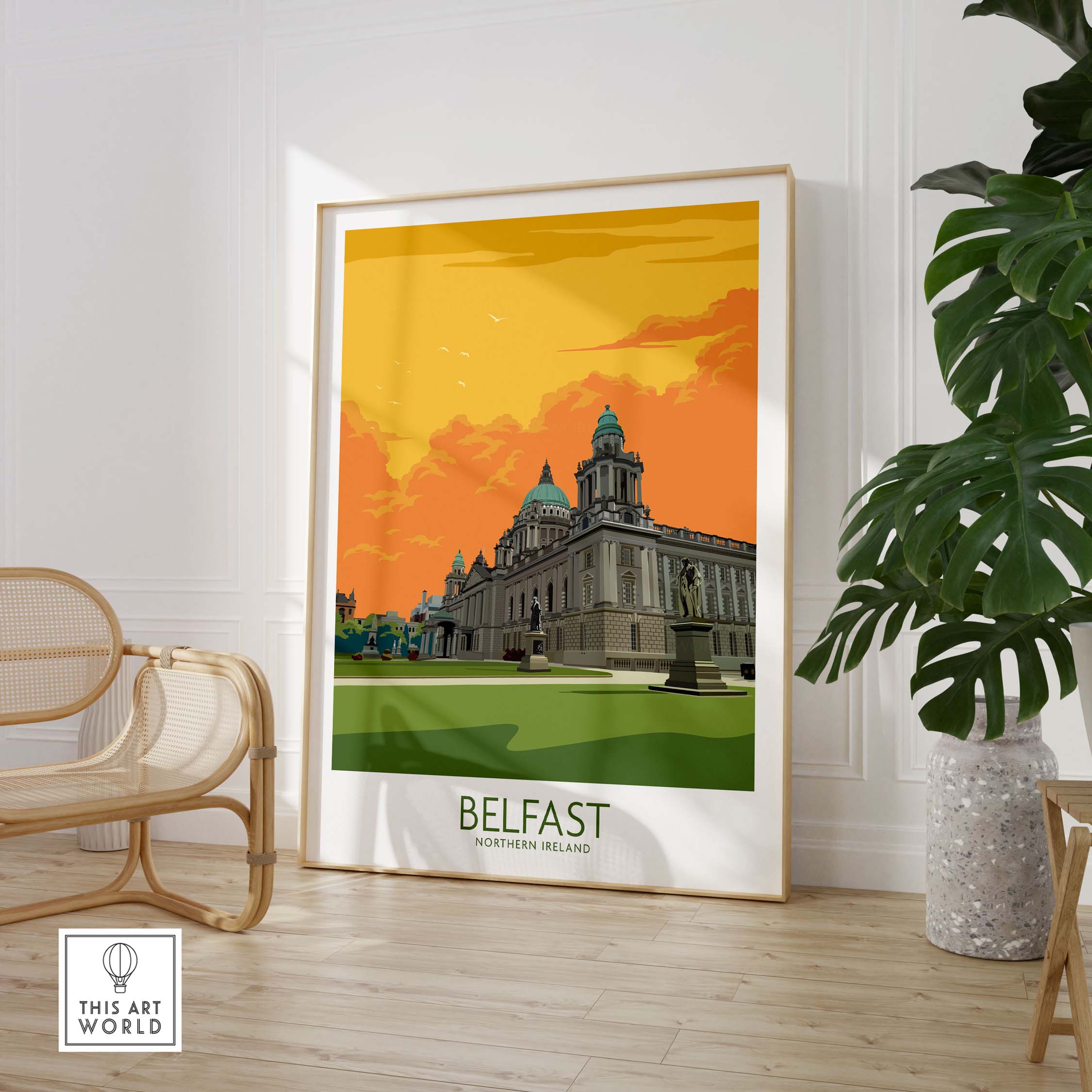 Belfast Poster featuring a vintage-style illustration of Belfast's architecture, framed and displayed in a stylish interior setting.