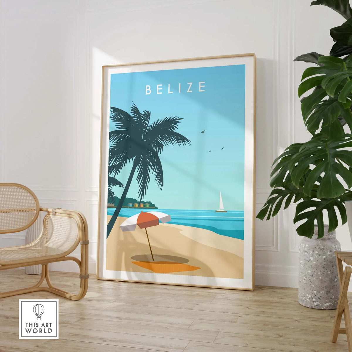 Belize travel poster print featuring a beach scene with palm trees and an umbrella, ideal for home or office decor.