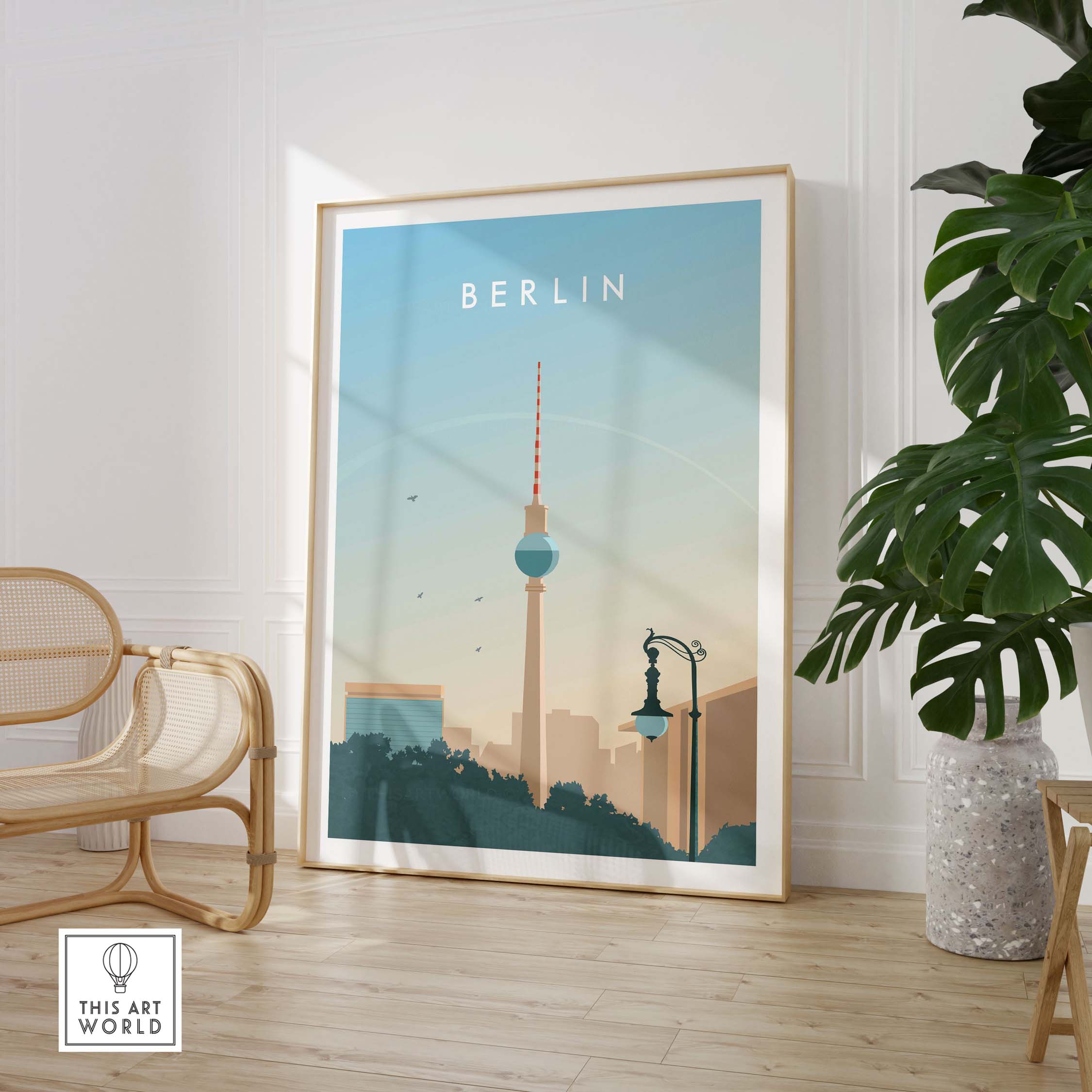 Berlin Print Wall Art Poster featuring the iconic TV Tower design, framed and styled in a modern interior.