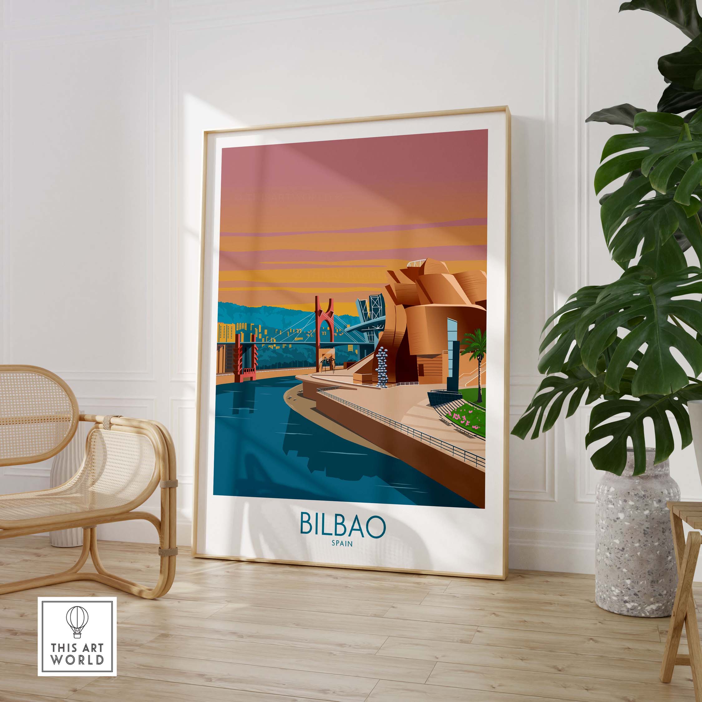 Bilbao poster print depicting iconic architecture and scenic waterfront, perfect for minimalist home decor.