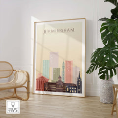 Birmingham skyline print featuring iconic buildings in warm pastel colors, ideal for stylish wall art decor.