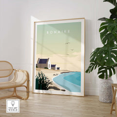 Bonaire travel poster print in minimalist style featuring beach and houses, perfect for home or office decor.