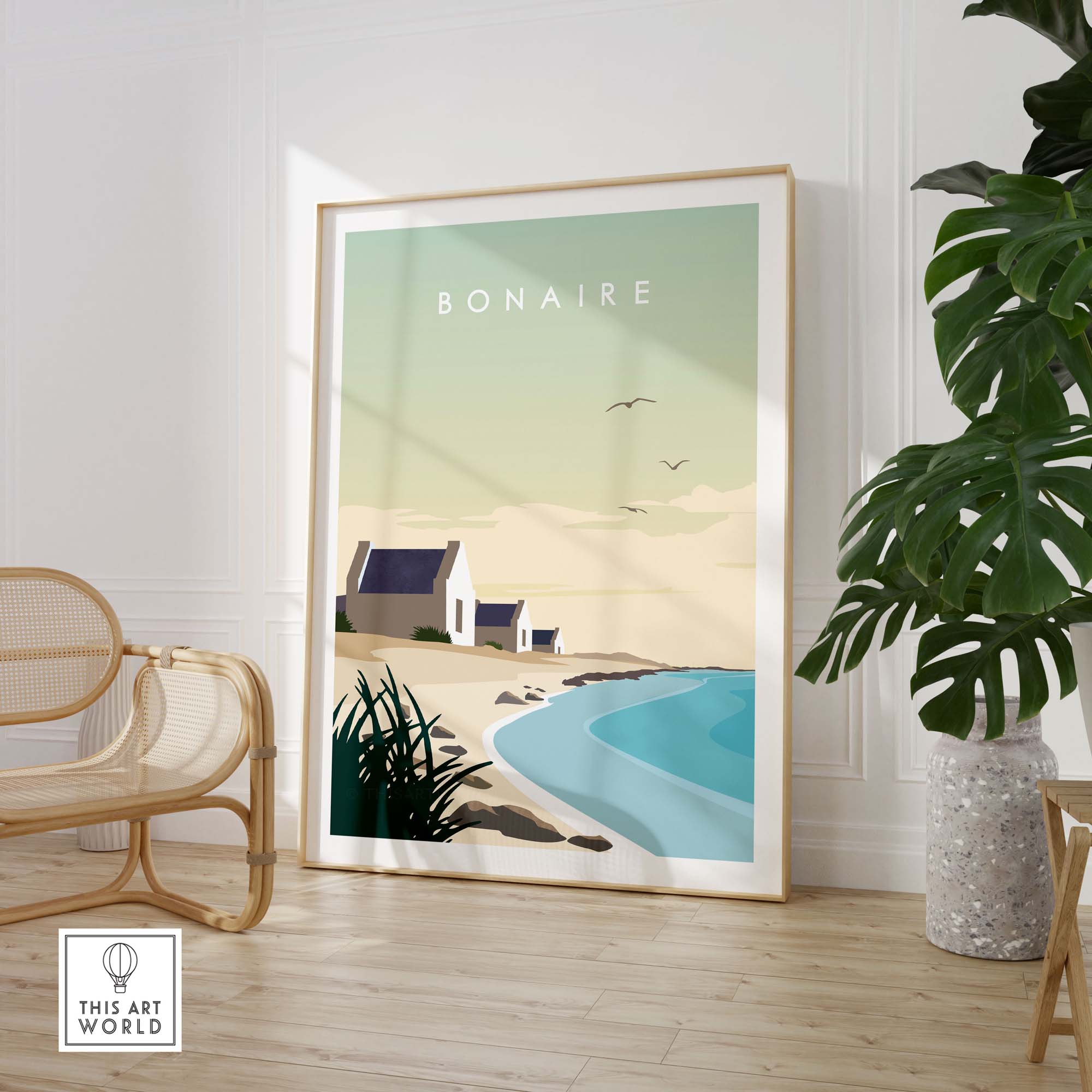 Bonaire travel poster print in minimalist style featuring beach and houses, perfect for home or office decor.
