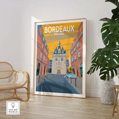Bordeaux poster print featuring vintage style architecture of Bordeaux, France, framed and displayed in stylish interior.