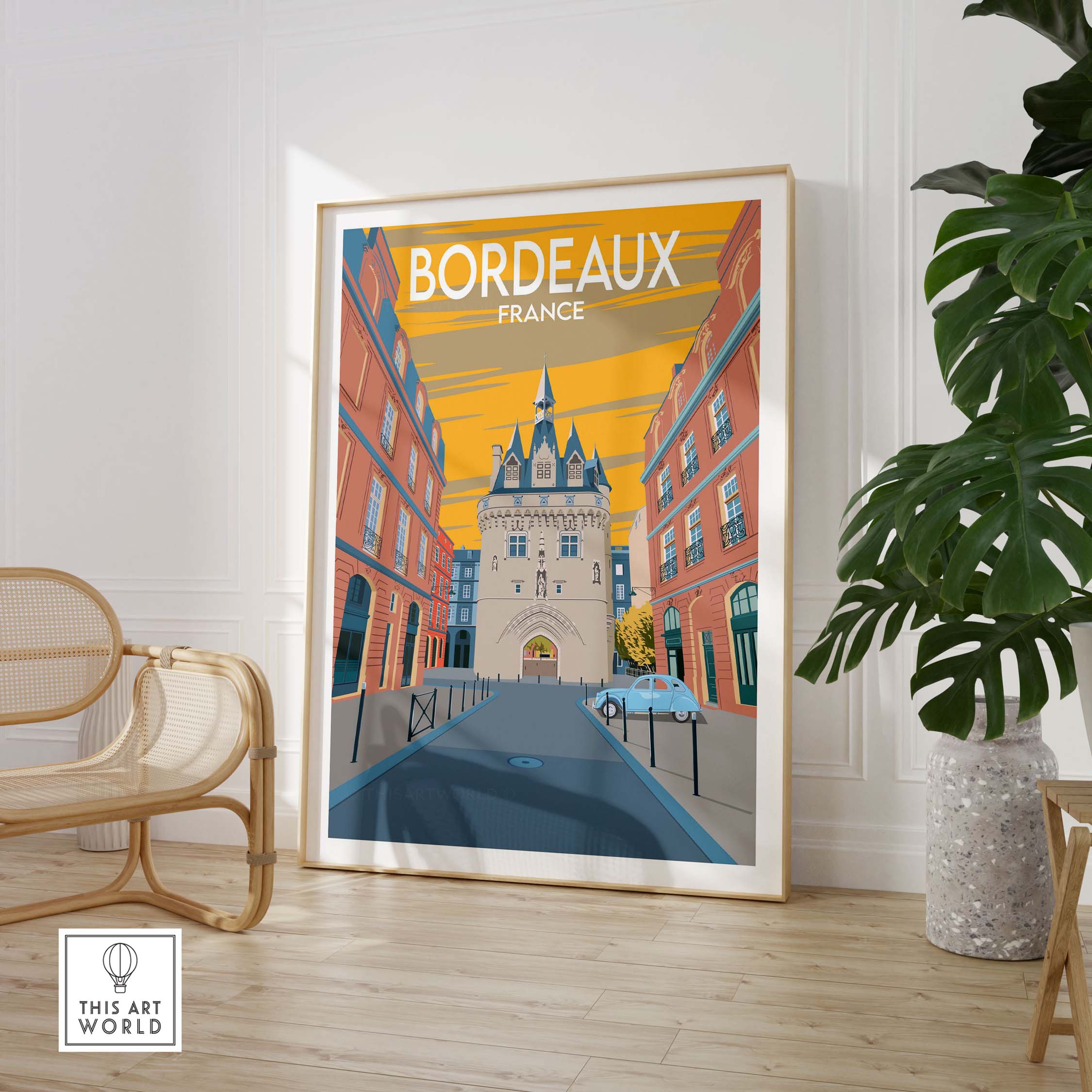 Bordeaux poster print featuring vintage style architecture of Bordeaux, France, framed and displayed in stylish interior.