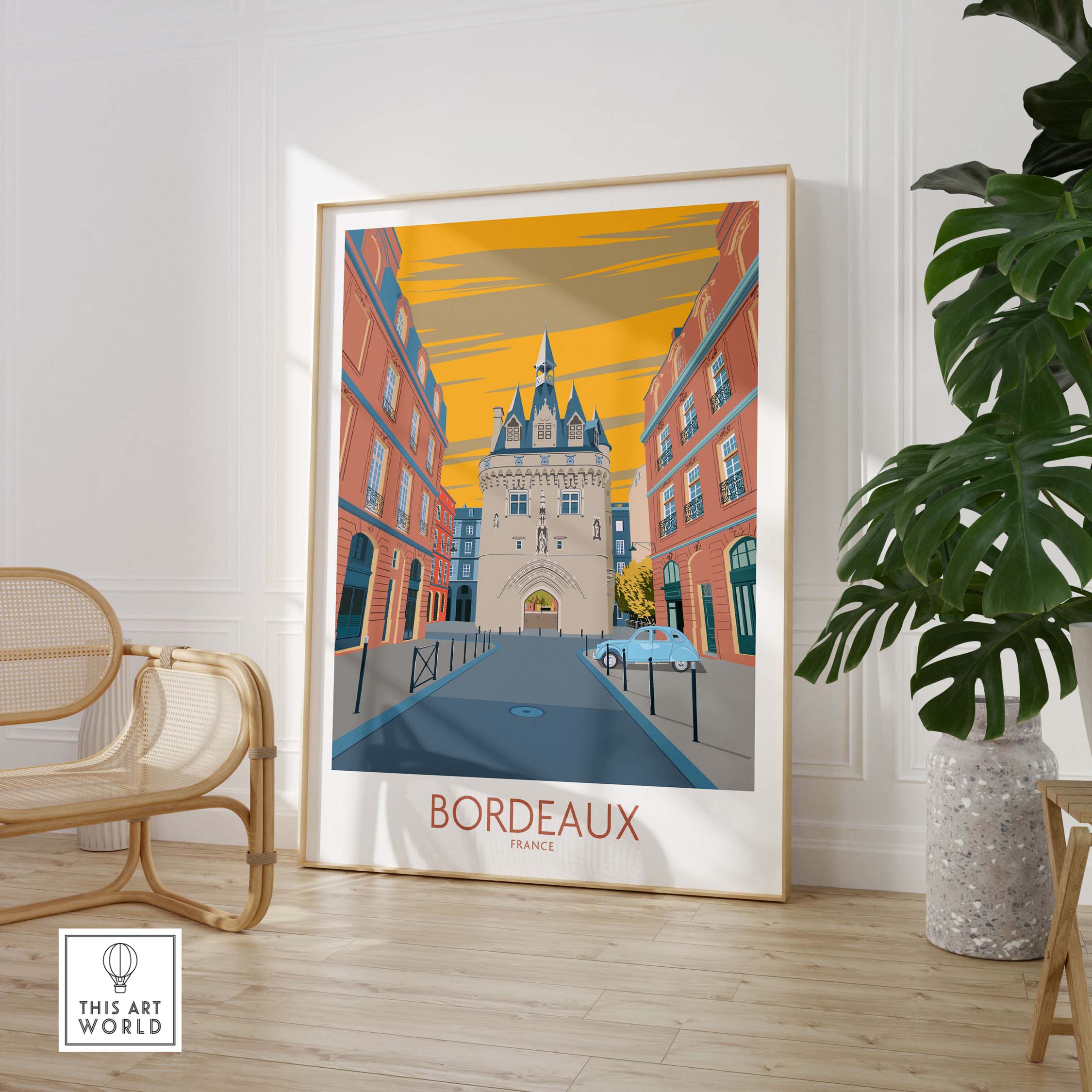 Bordeaux Travel Poster featuring a vintage design with historical architecture in warm colors.