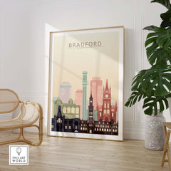 Bradford Print City Skyline Poster in pastel tones, showcasing iconic buildings and architectural beauty.