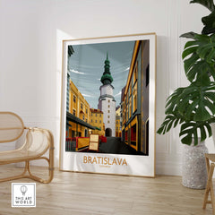 Bratislava art print featuring a minimalist illustration of the city with historic buildings, perfect for home decor.