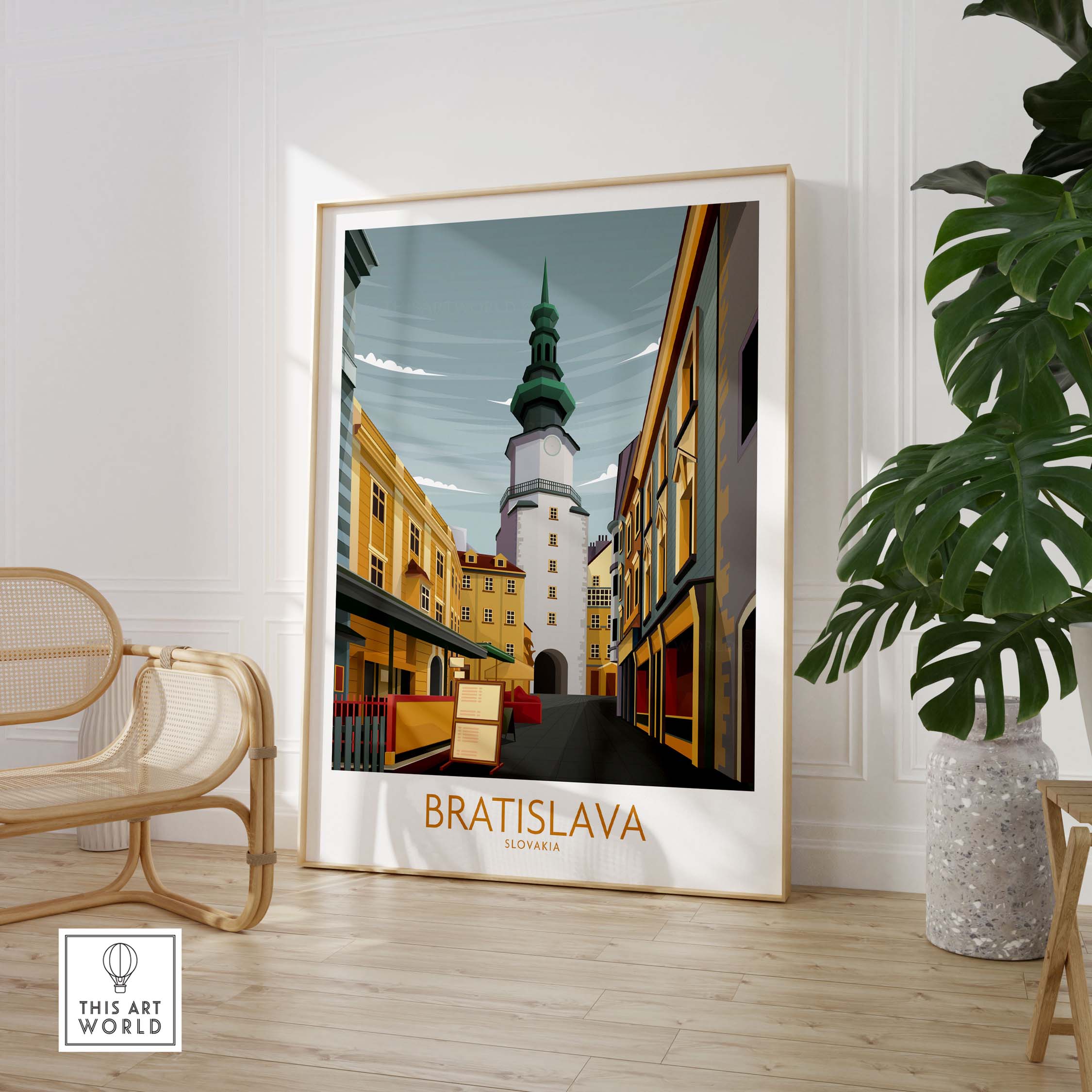 Bratislava art print featuring a minimalist illustration of the city with historic buildings, perfect for home decor.
