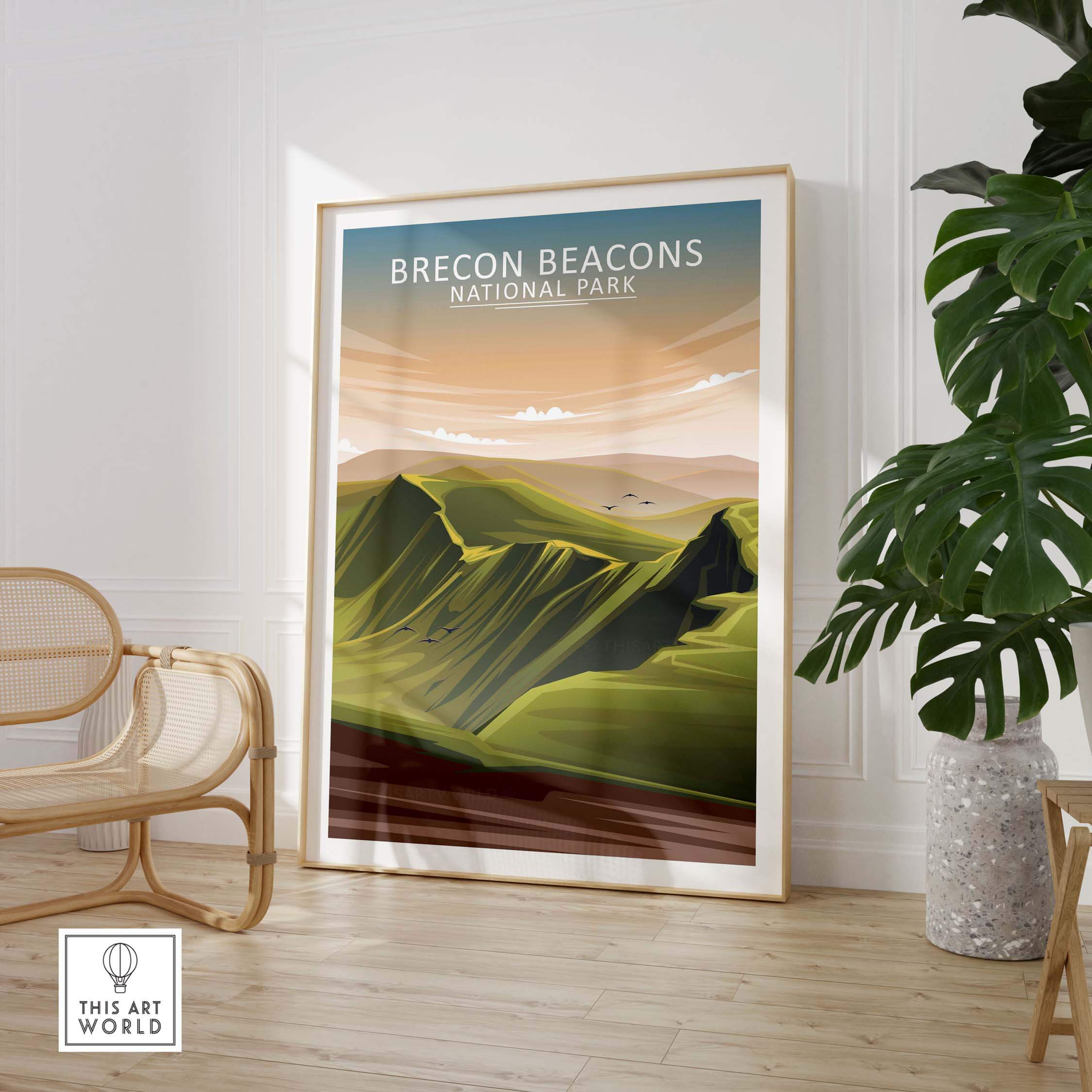 Brecon Beacons National Park poster in a modern frame, showcasing serene green hills and minimalist design.
