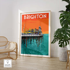 Brighton vintage print poster featuring a pier landscape, vibrant colors, perfect for home decor and travel enthusiasts.
