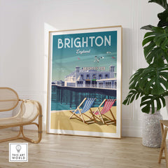 Brighton wall art print featuring the iconic Brighton Pier and colorful deck chairs in a stylish interior setting.