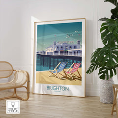 Brighton Print travel poster featuring Brighton Pier, minimalist art style, framed in modern decor, sustainable quality.