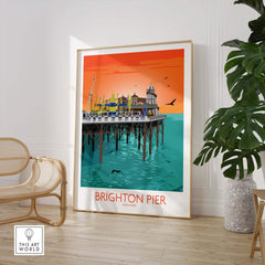 Brighton Pier poster showcasing vibrant coastal art, perfect for home or office decor, inspired by vintage travel prints.