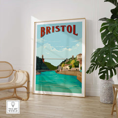 Bristol Print Poster Wall Art featuring the Clifton Suspension Bridge against a serene blue backdrop.