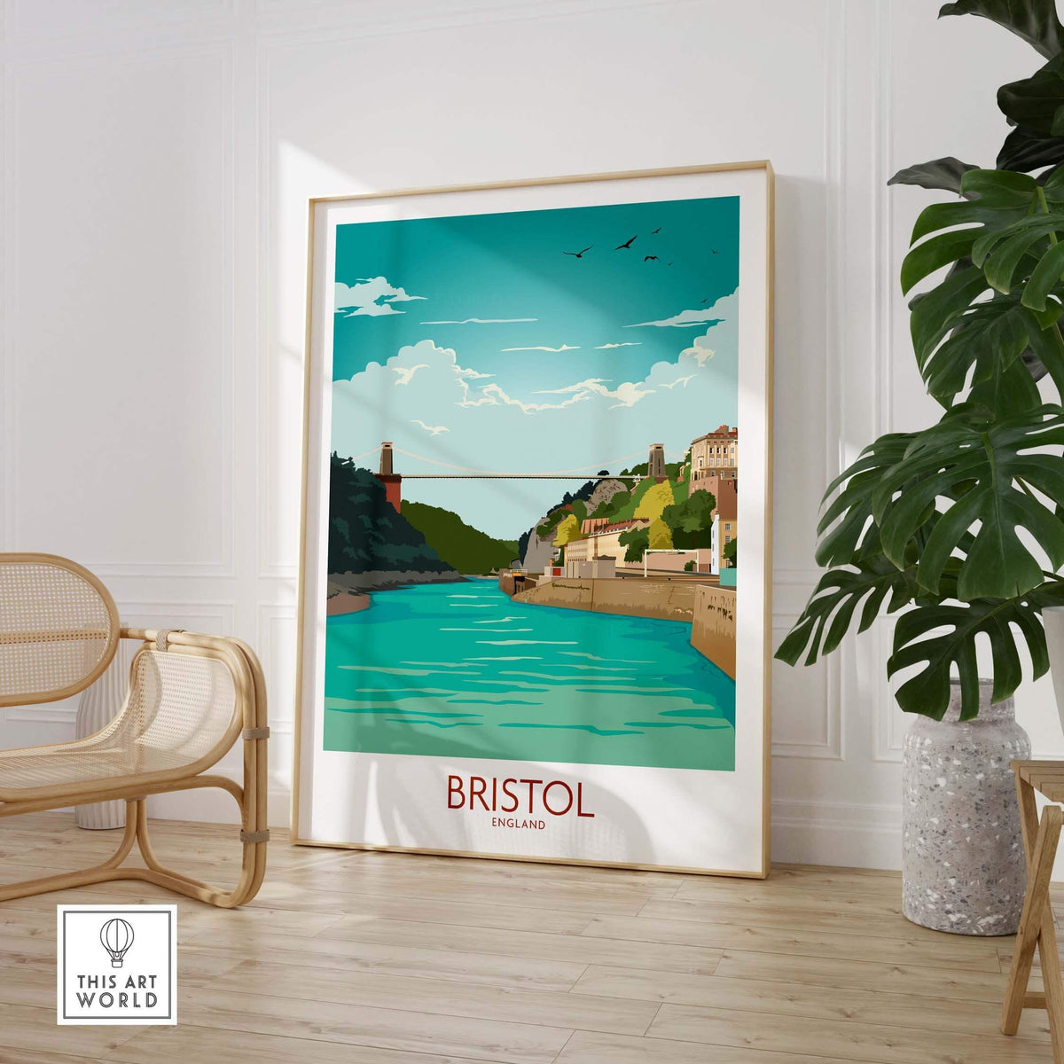 Bristol Poster featuring Clifton Suspension Bridge, vibrant colors, perfect for home or office decor.