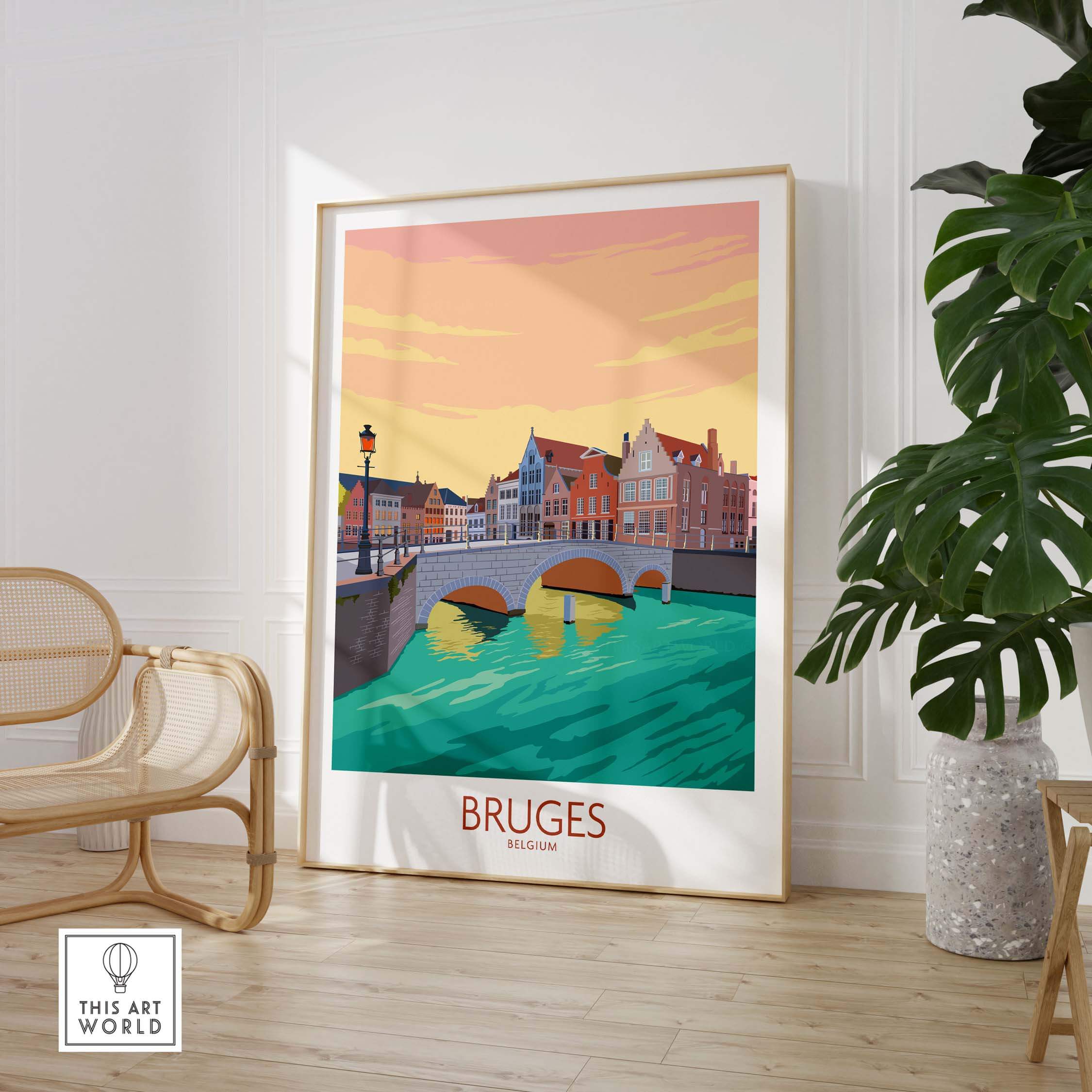 Bruges Belgium vintage travel poster in a stylish room setting, showcasing vibrant colors and iconic architecture.