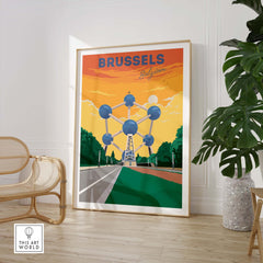 Brussels travel poster featuring the Atomium, colorful vintage-inspired artwork for wall decor.