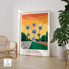 Brussels travel poster featuring the Atomium in vibrant colors, perfect for home or office decor.