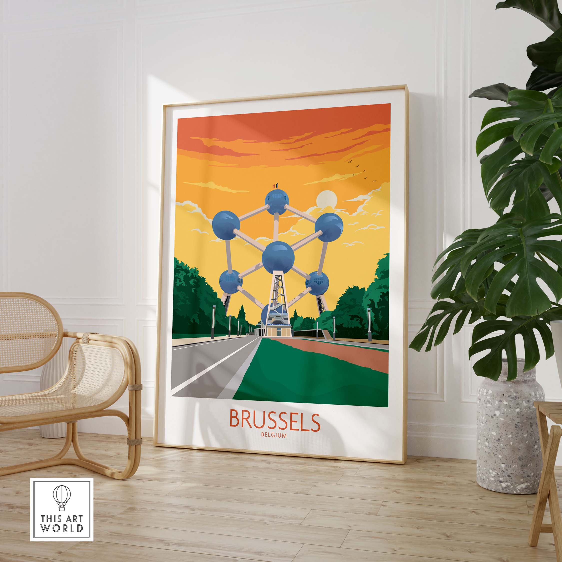 Brussels travel poster featuring the Atomium in vibrant colors, perfect for home or office decor.