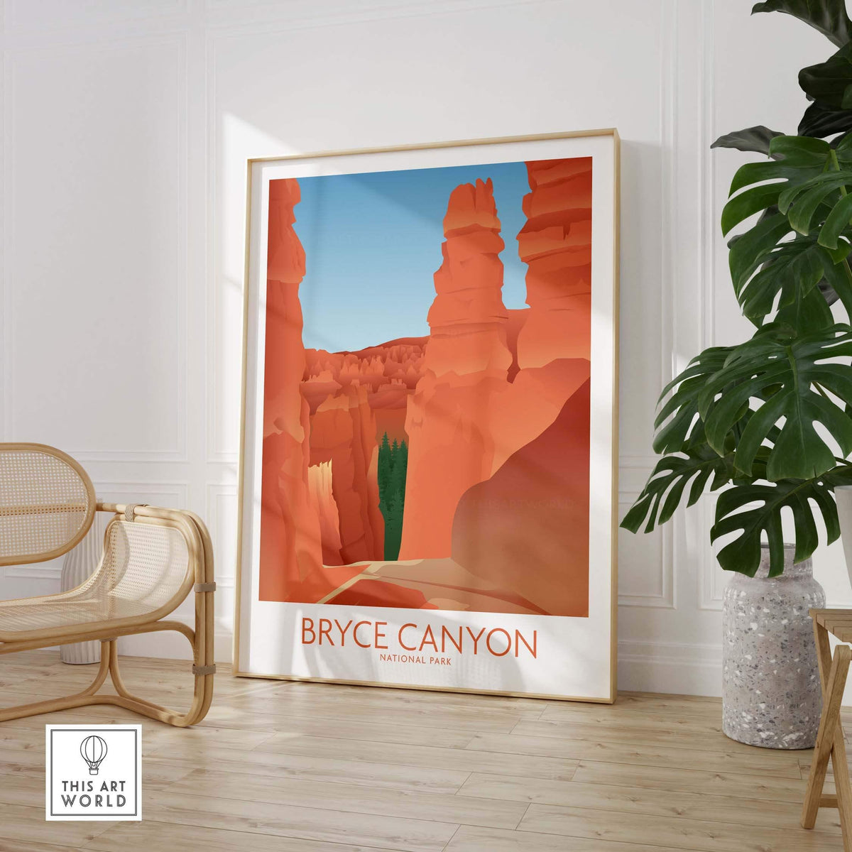 Bryce Canyon National Park art print displayed in a stylish room, showcasing vibrant colors and minimalist design.
