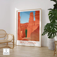 Bryce Canyon National Park art print displayed in a stylish room, showcasing vibrant colors and minimalist design.