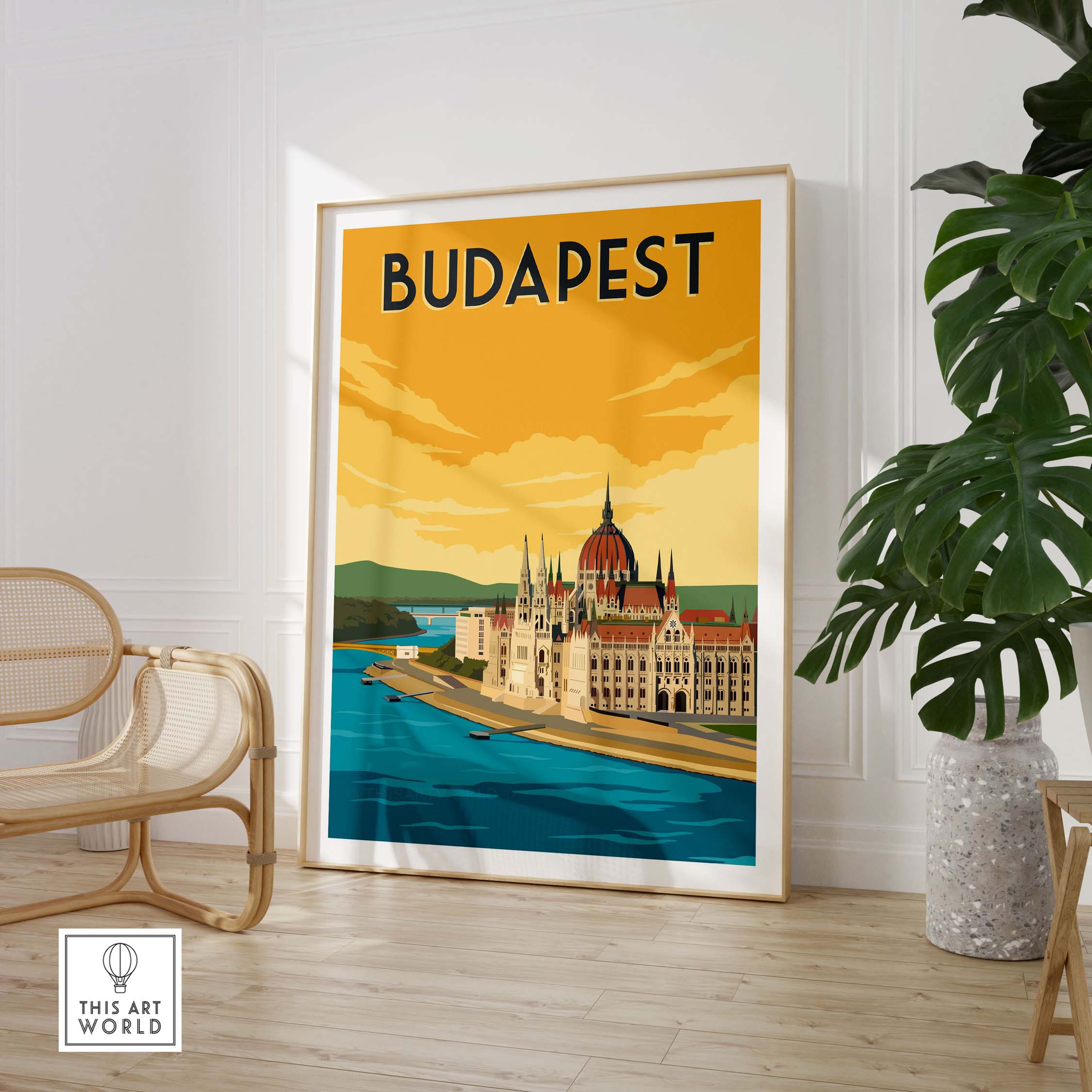 Vintage Budapest print poster art featuring the Hungarian Parliament building and Danube River.