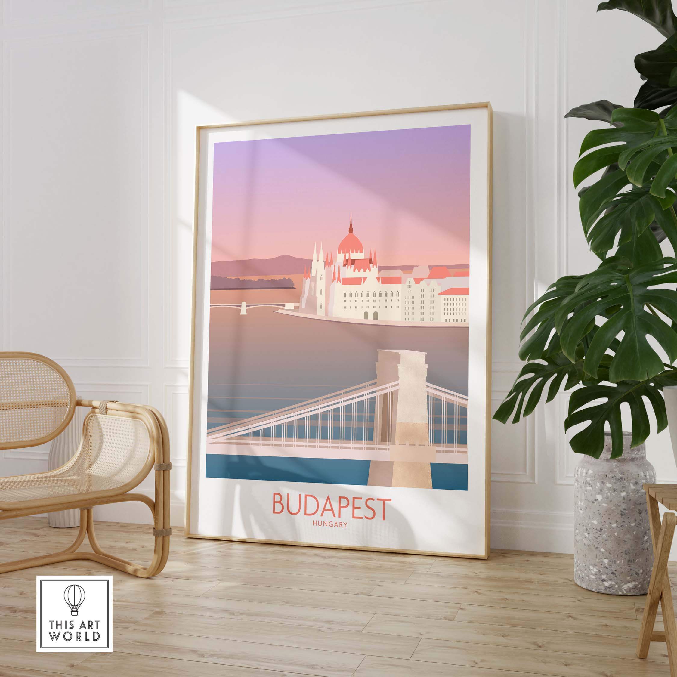 Stylish Budapest Print featuring the Chain Bridge and Parliament, perfect for home or office decor.
