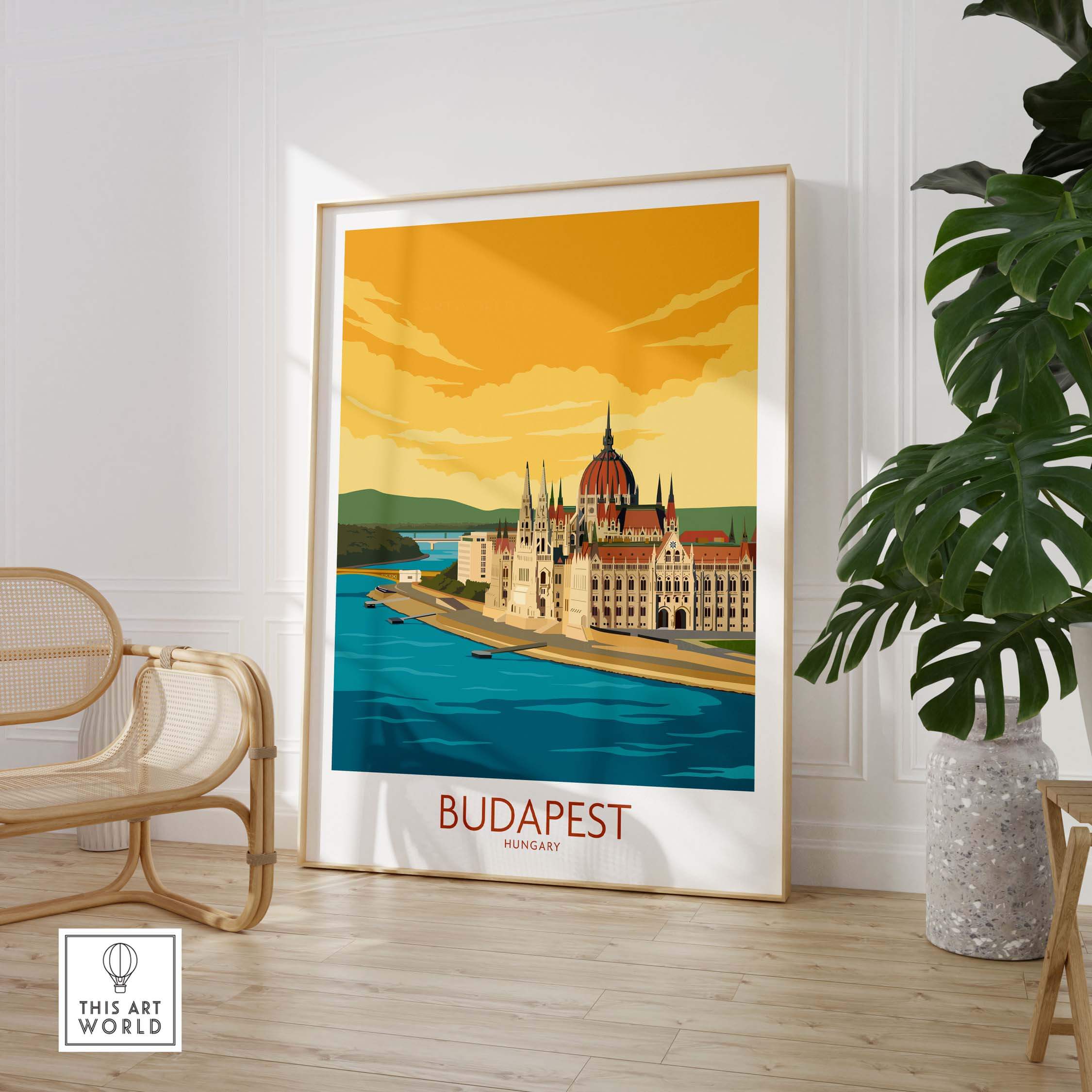 Budapest Poster featuring the iconic Parliament building, designed for stylish home or office decor.