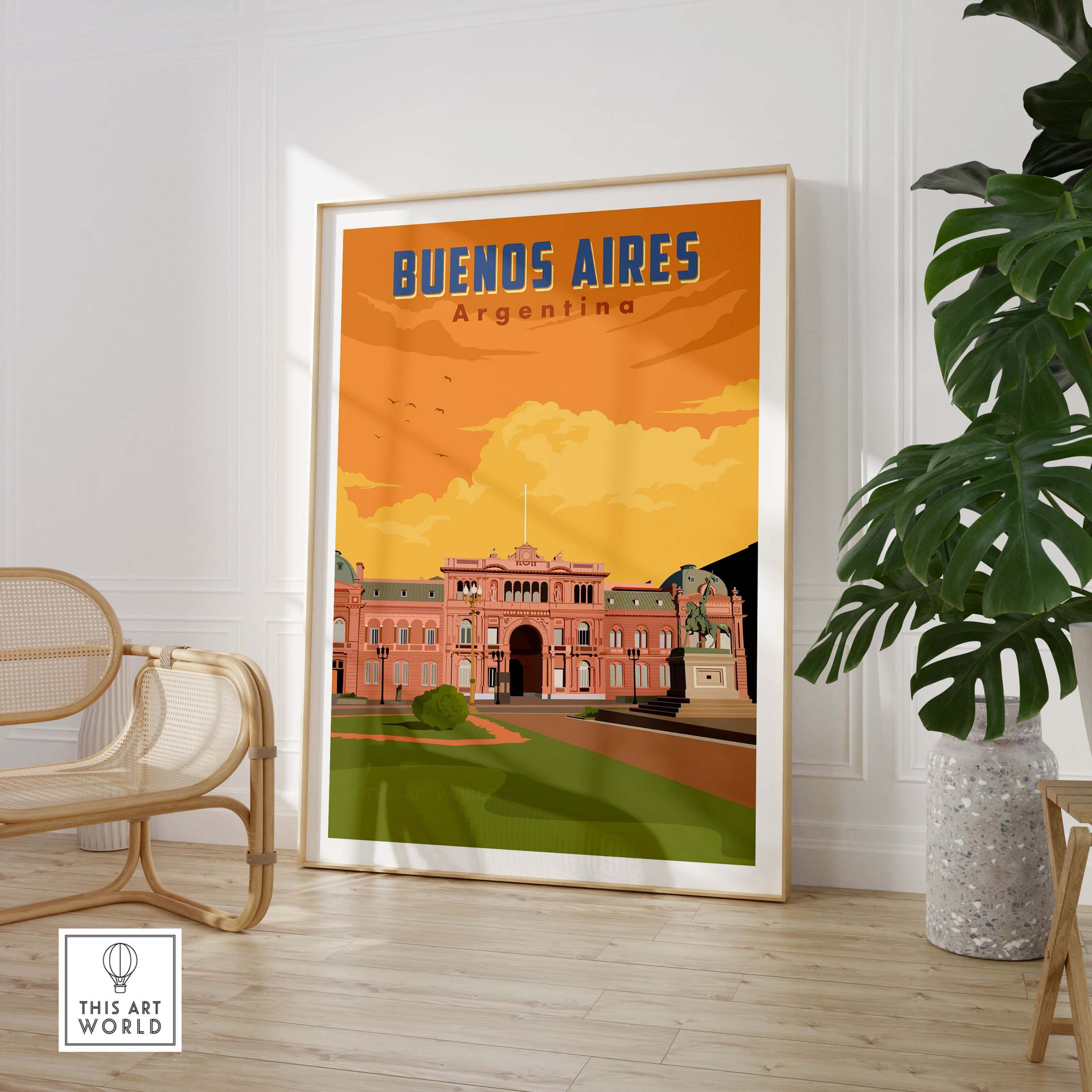 Buenos Aires Print showcasing vintage travel style, vibrant colors, perfect for home or office decor in Argentina.