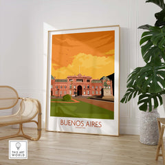 Buenos Aires poster featuring Malba museum with vibrant sunset colors, stylish wall art for home or office.