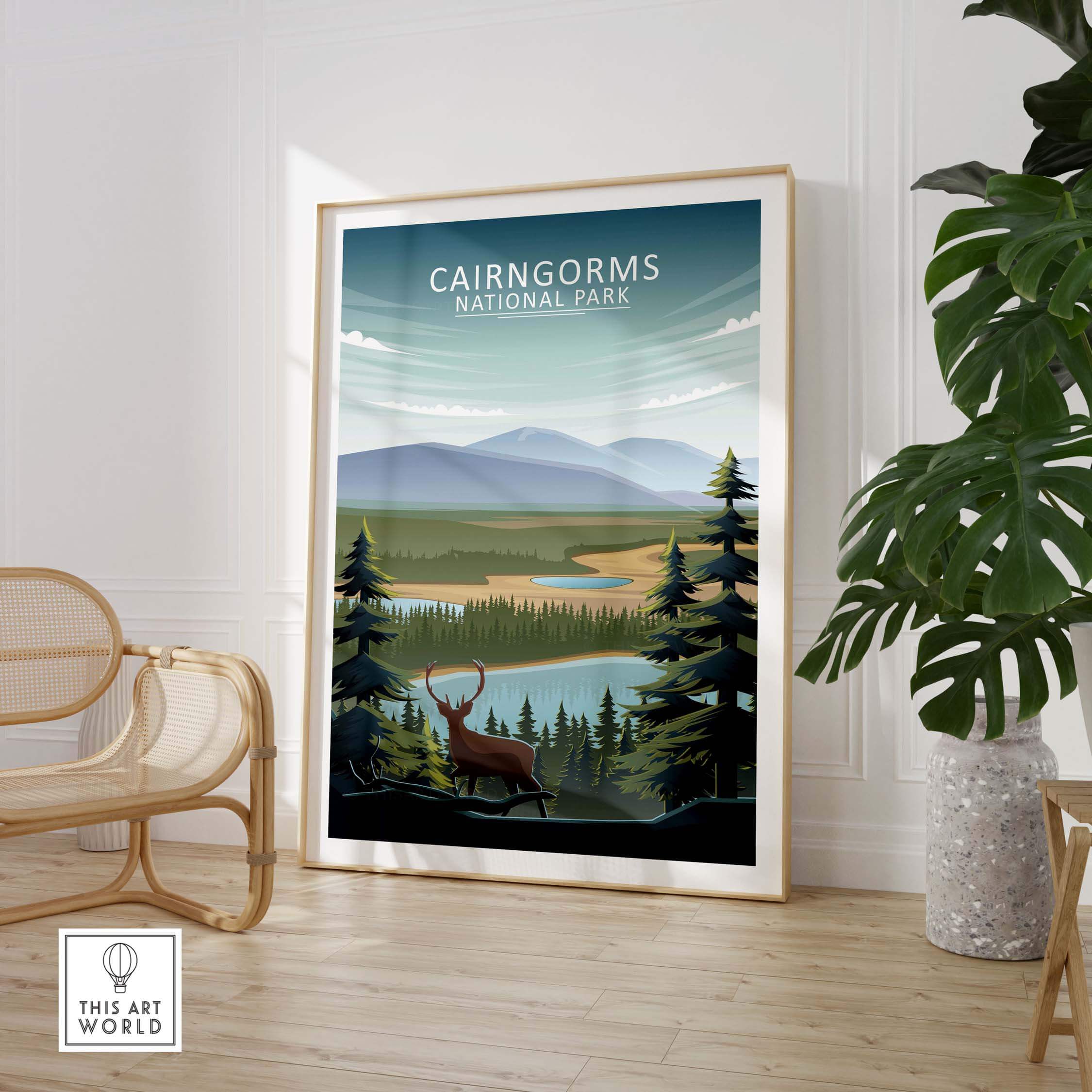 Cairngorms National Park poster in a stylish living room, featuring a stag and scenic landscape.