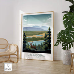 Cairngorms National Park art print featuring a scenic landscape with a deer, perfect for home decor.