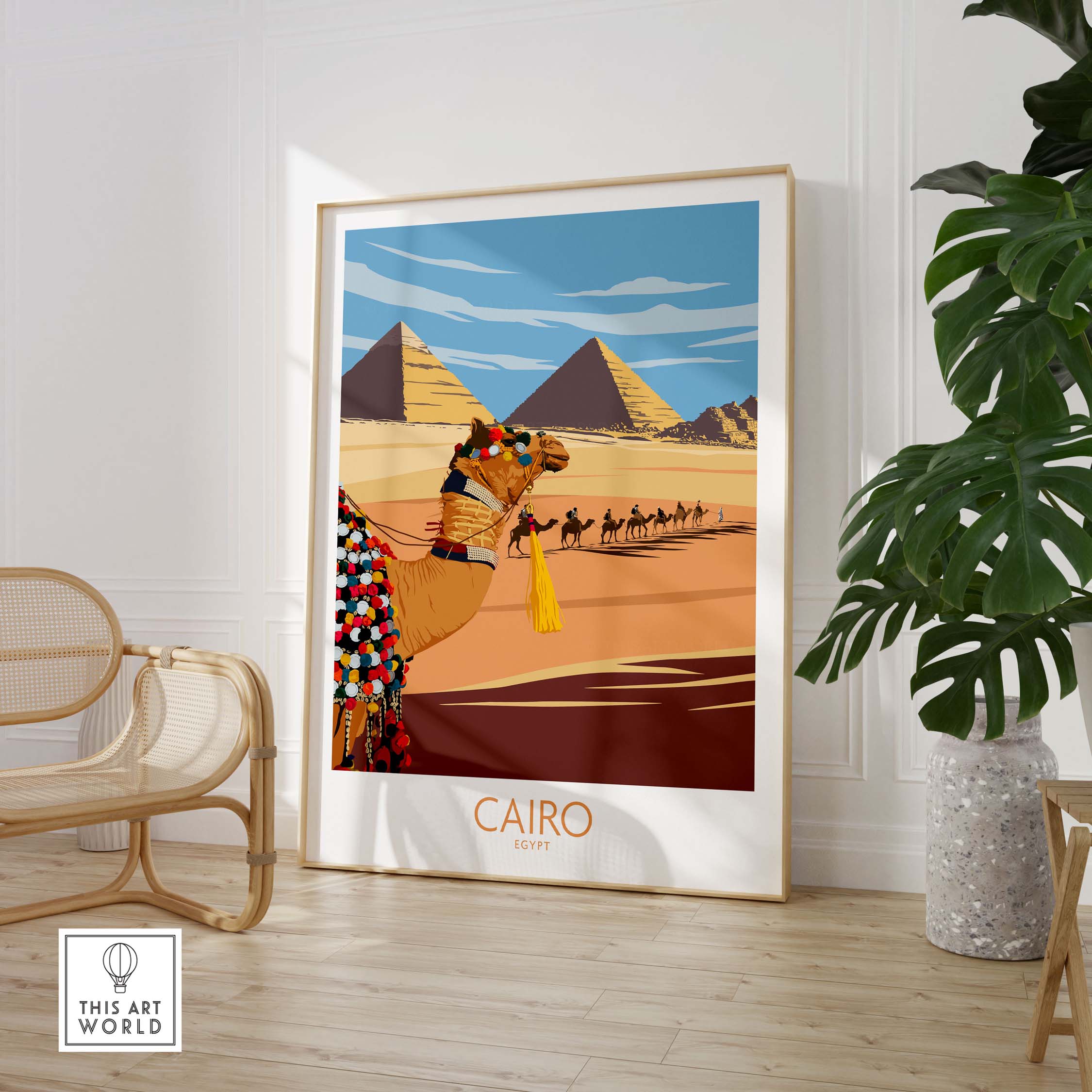 Stylish Cairo Egypt poster featuring pyramids and a camel, perfect for travel lovers and modern wall art.