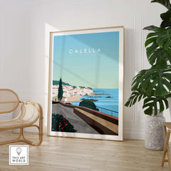 Calella Spain Print Poster showcasing a coastal view, framed art for home or office decor.
