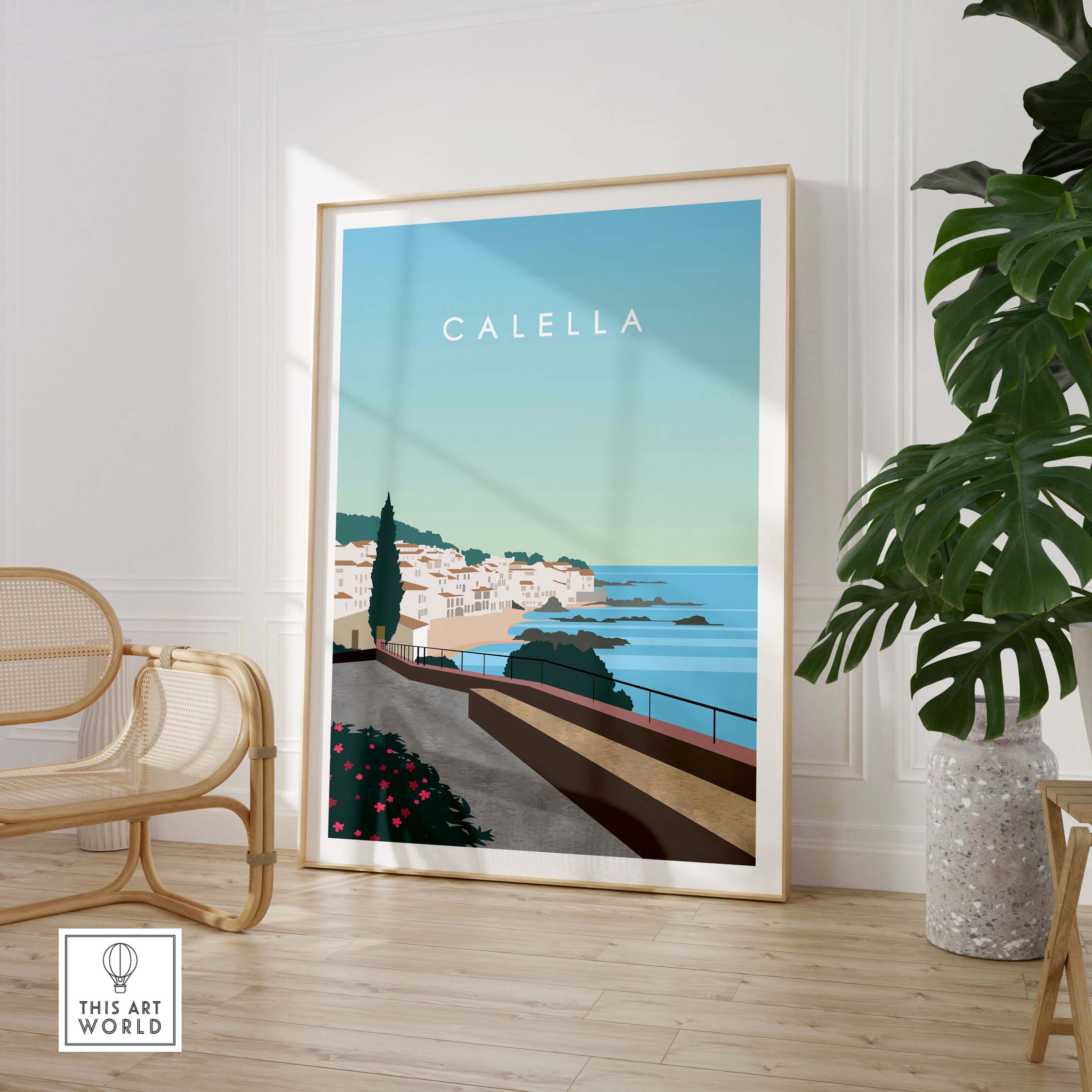 Calella Spain Print Poster showcasing a coastal view, framed art for home or office decor.