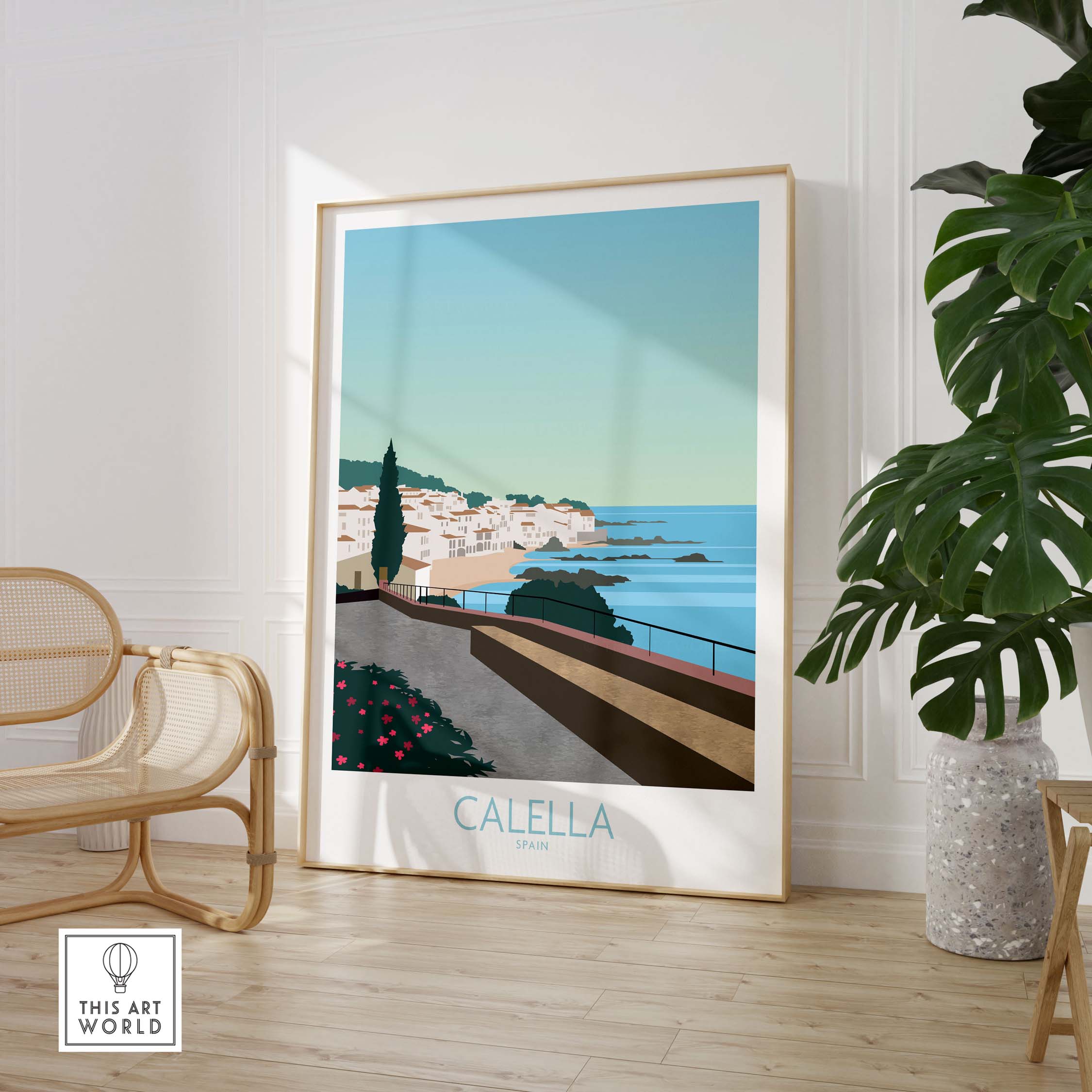 Costa Brava Calella Spain poster in a modern interior setting with coastal views and stylish decor.