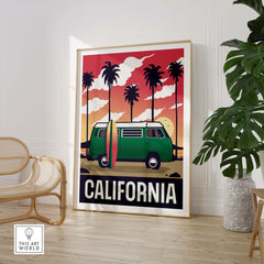 California wall art print featuring a vintage surf van and palm trees in a vibrant sunset backdrop.