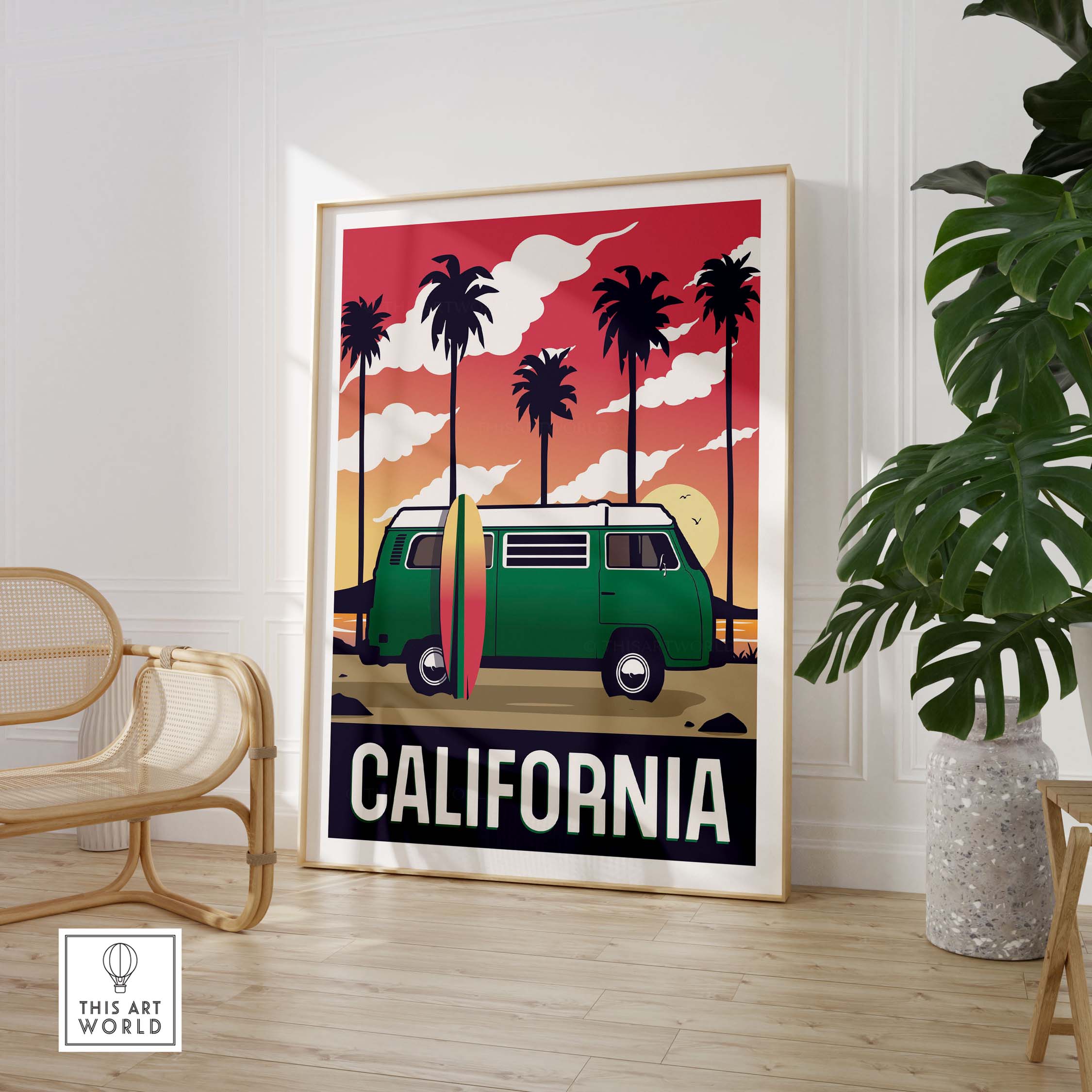 California wall art print featuring a vintage surf van and palm trees in a vibrant sunset backdrop.
