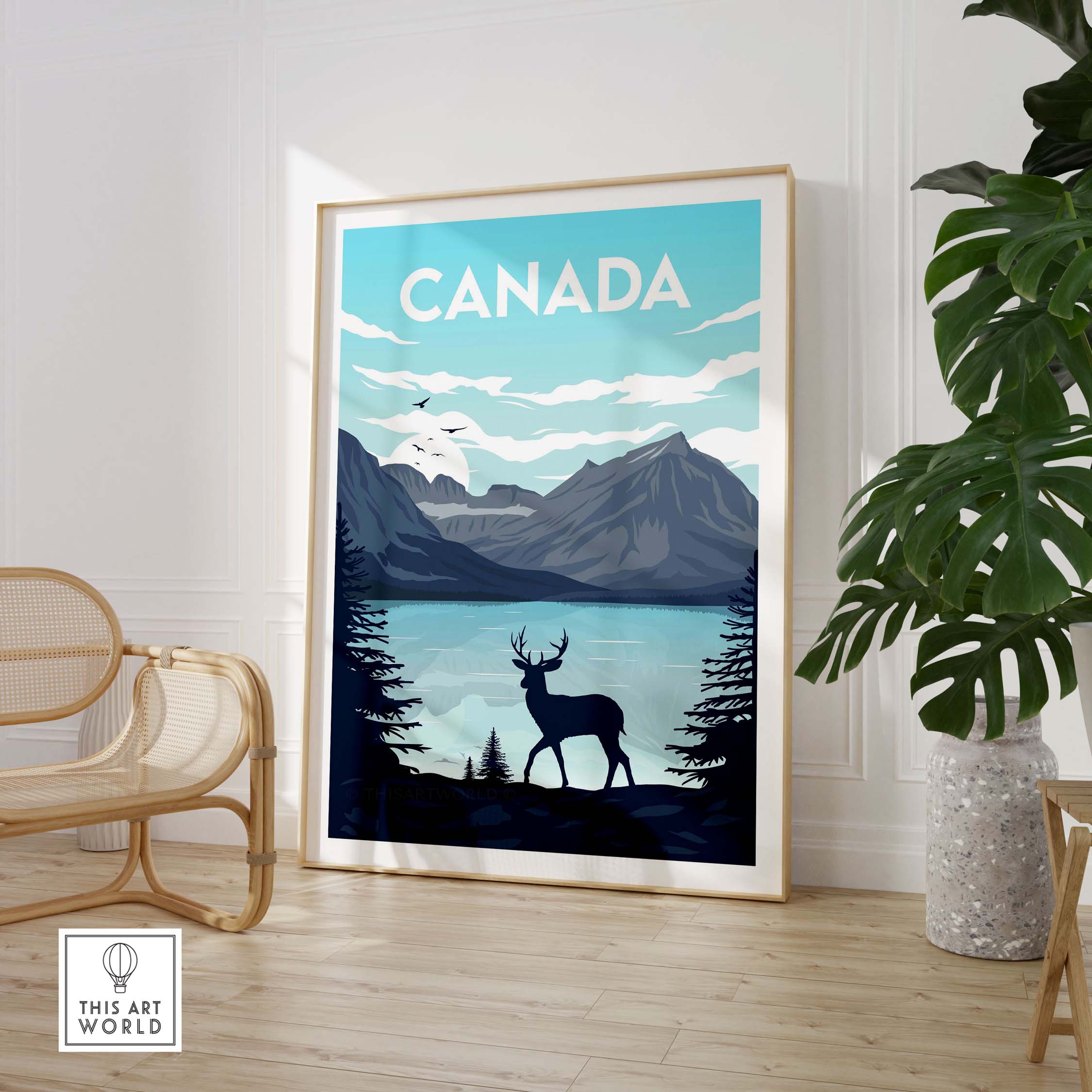 Canada poster wall art print featuring mountains, lake, and deer, perfect for home decor.