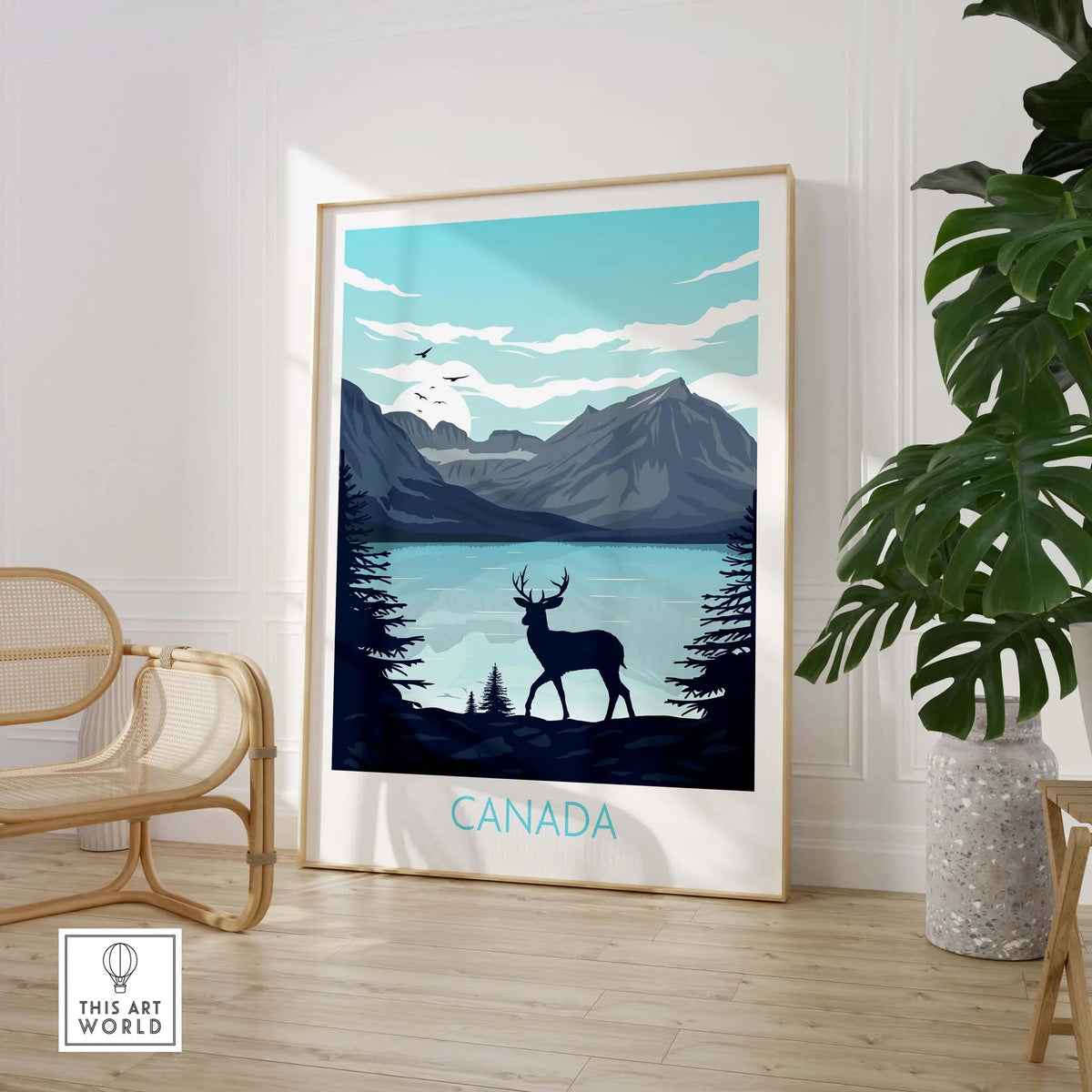 Canada travel poster print featuring a majestic deer and serene mountain lake scenery.