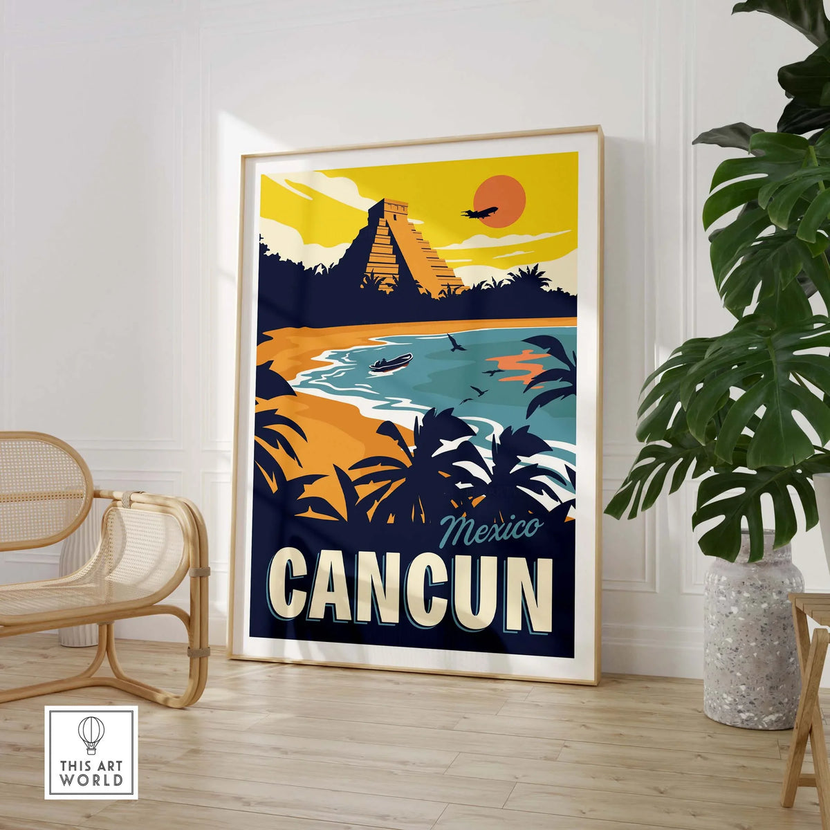 Cancun Poster Wall Art Print showcasing a vintage-style design with tropical scenery and Mayan ruins.
