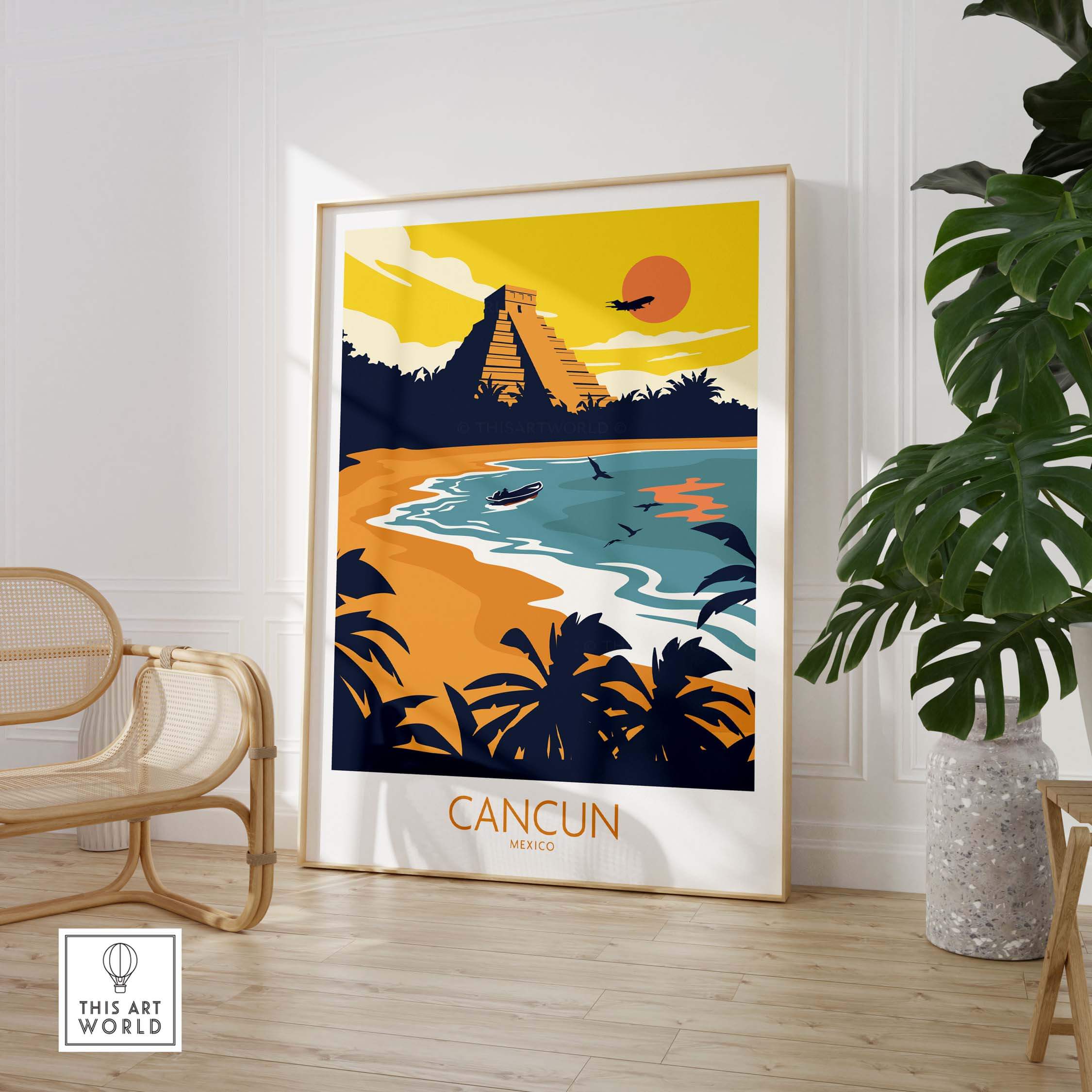 Cancun travel poster print featuring a vintage design with a beach, ruins, and sunset, ideal for home or office decor.