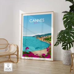 Cannes Poster France Print featuring a coastal view and colorful flowers, styled in a minimalist design.