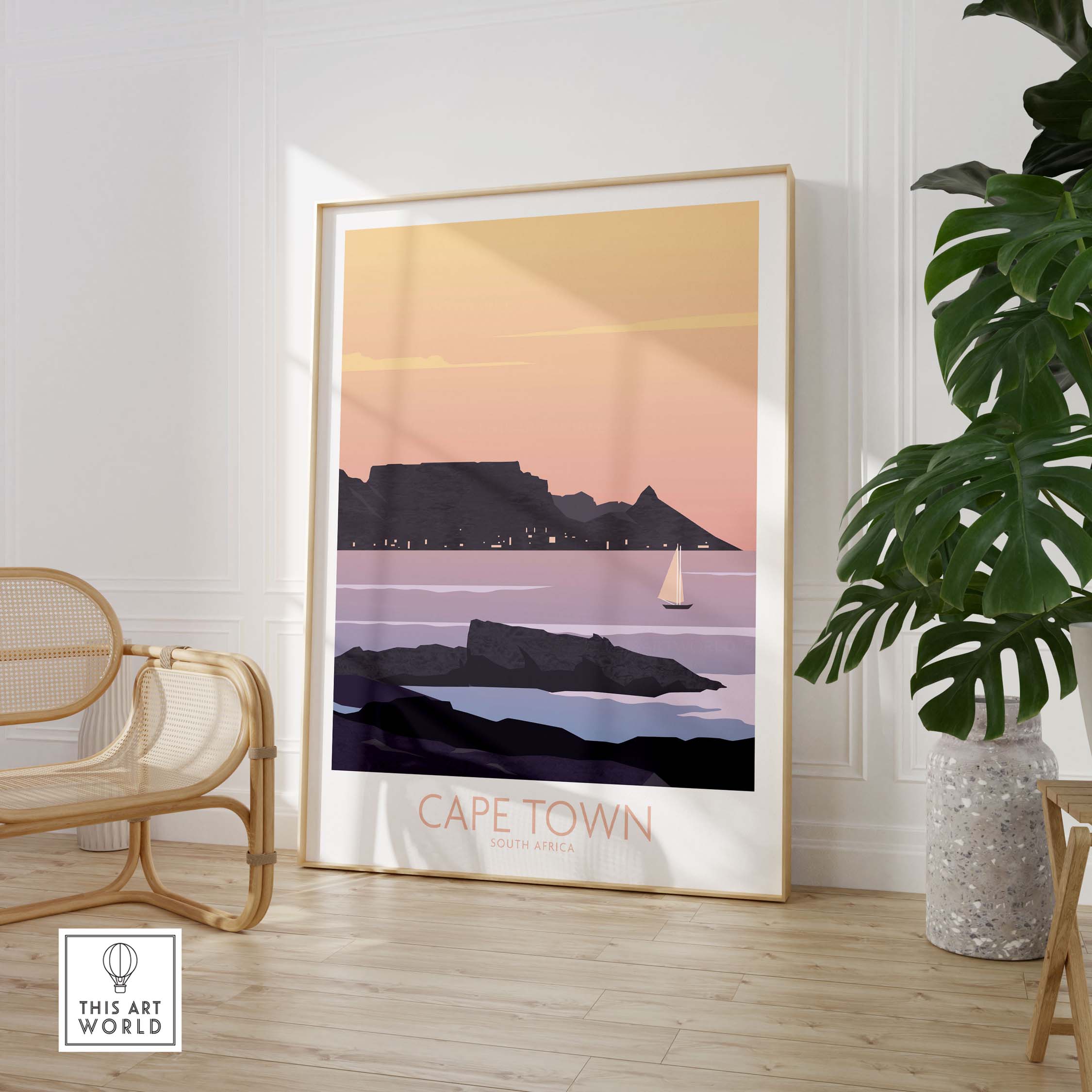Cape Town poster print featuring Table Mountain at sunset, perfect for travel art lovers.