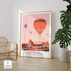 Cappadocia Print featuring hot air balloons and Turkish landscapes, perfect for travel-inspired wall art.