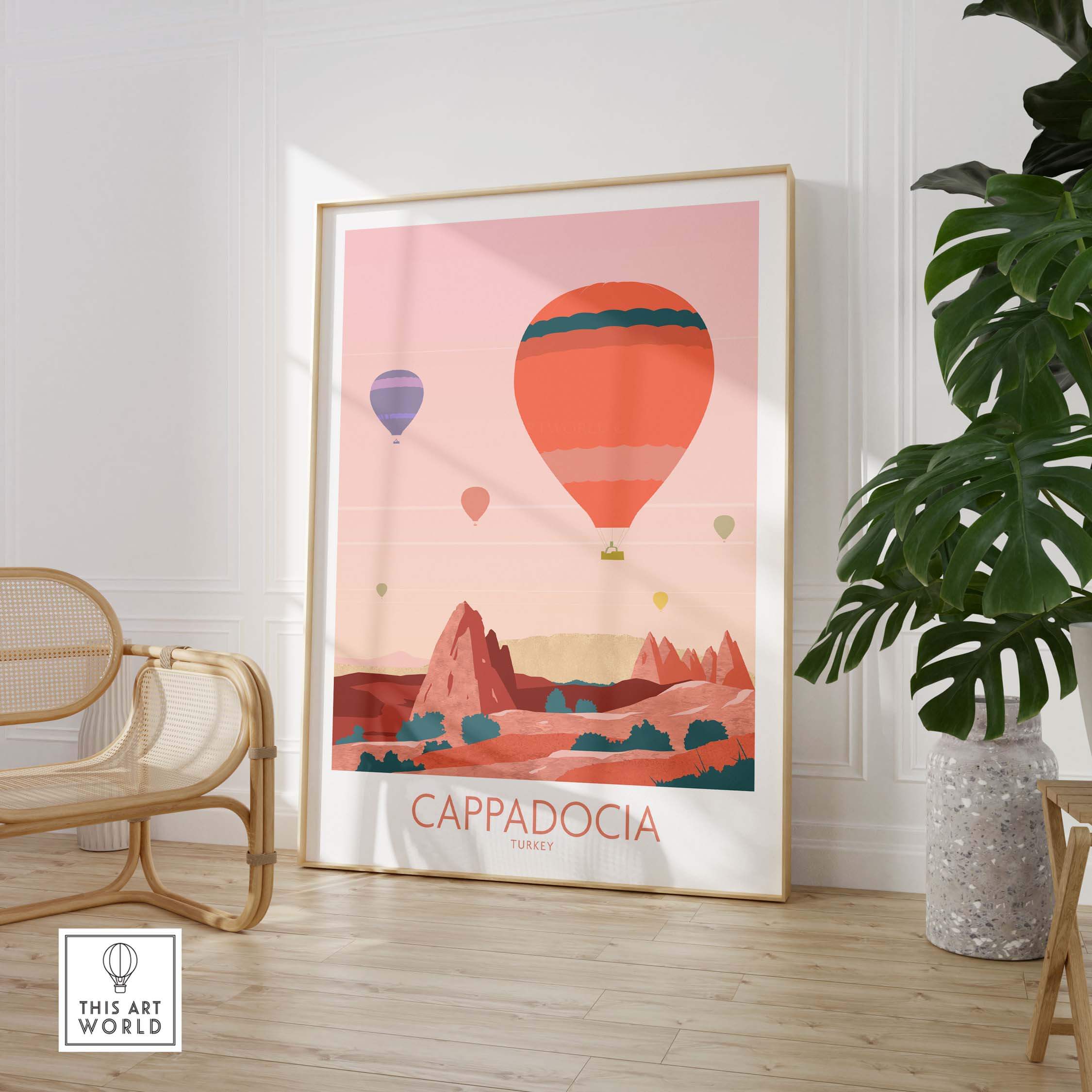 Cappadocia Print featuring hot air balloons and Turkish landscapes, perfect for travel-inspired wall art.