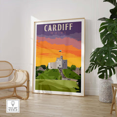 Vibrant Cardiff Wales poster print featuring a castle against a colorful sunset backdrop, perfect wall art.